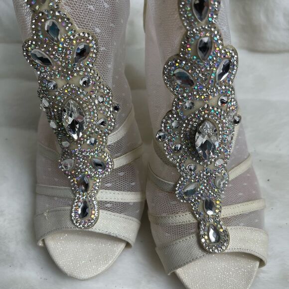 De Blossom collection beige iridescent textile & mesh ankle platform heels SZ10 - Picture 8 of 11